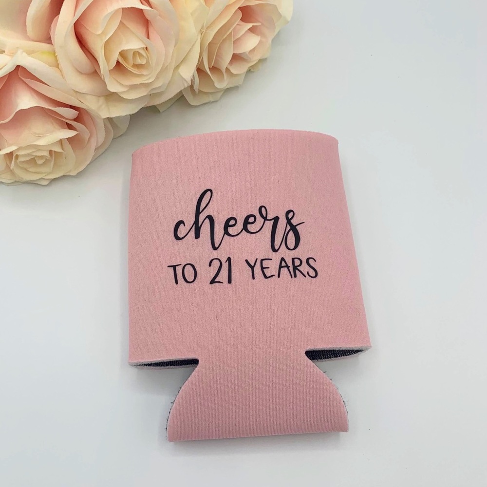 Cheers to 21 Light Pink Koozie | 21st Birthday Pink and Blank Cursive Koozie